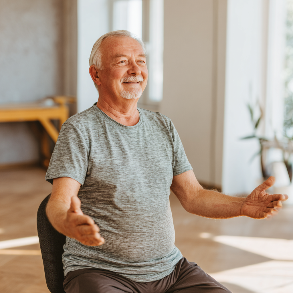 Diverse group of German adults in their 40s and 50s practicing adaptive yoga poses with modifications