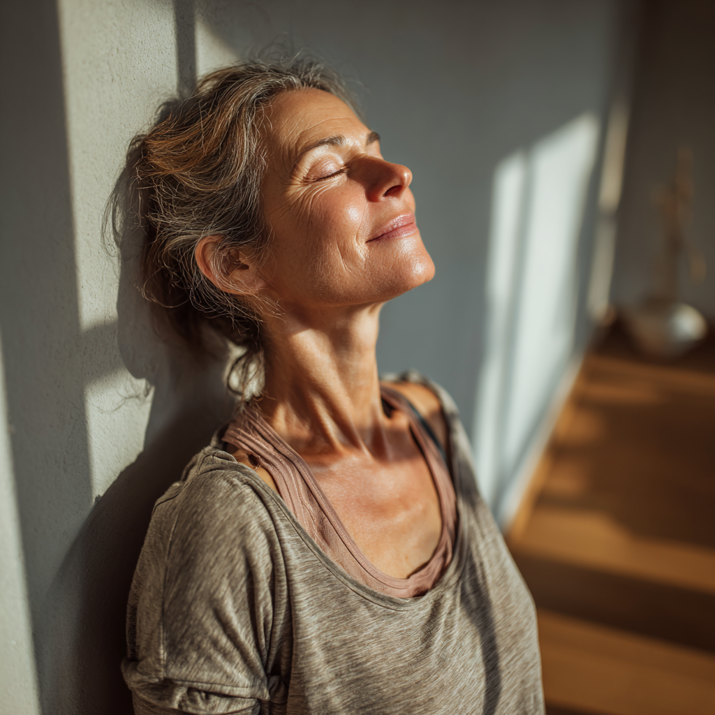 Smiling German senior practicing gentle chair yoga in a bright, welcoming studio space
